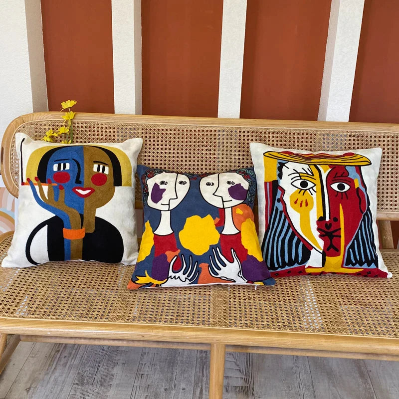 Afralia™ Picasso Inspired Abstract Embroidery Pillowcase 45x45cm