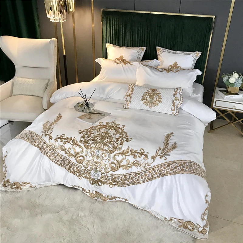 Afralia™ Luxurious White Satin & Cotton Bedding Set with Royal Gold Embroidery
