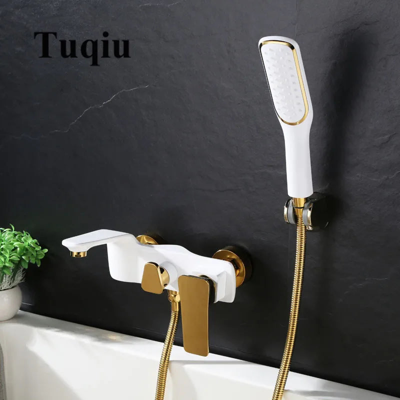 Afralia™ Gold & White Wall Mounted Bathtub Faucet, Brass Bath Shower Mixer