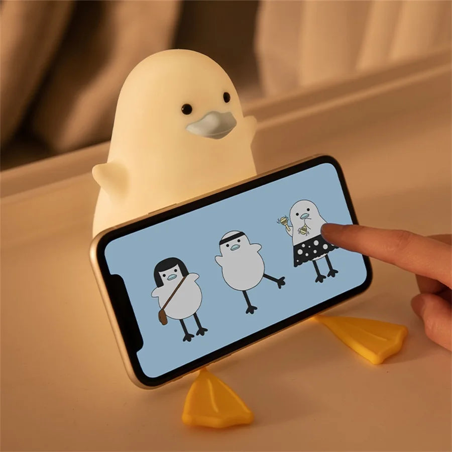 Afralia™ Duck Cartoon Silicone Night Lamp - USB Rechargeable, Touch Sensor, Timer