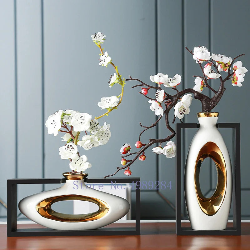Afralia™ Chinese Style Ceramic Vase in Wooden Frame for Modern Home Decor