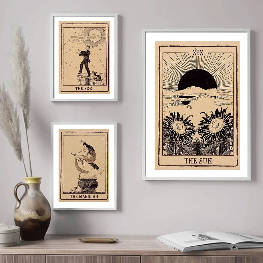 Afralia™ Tarot Magician Fool Hierophant Sun Canvas Wall Art Nordic Posters Home Decor
