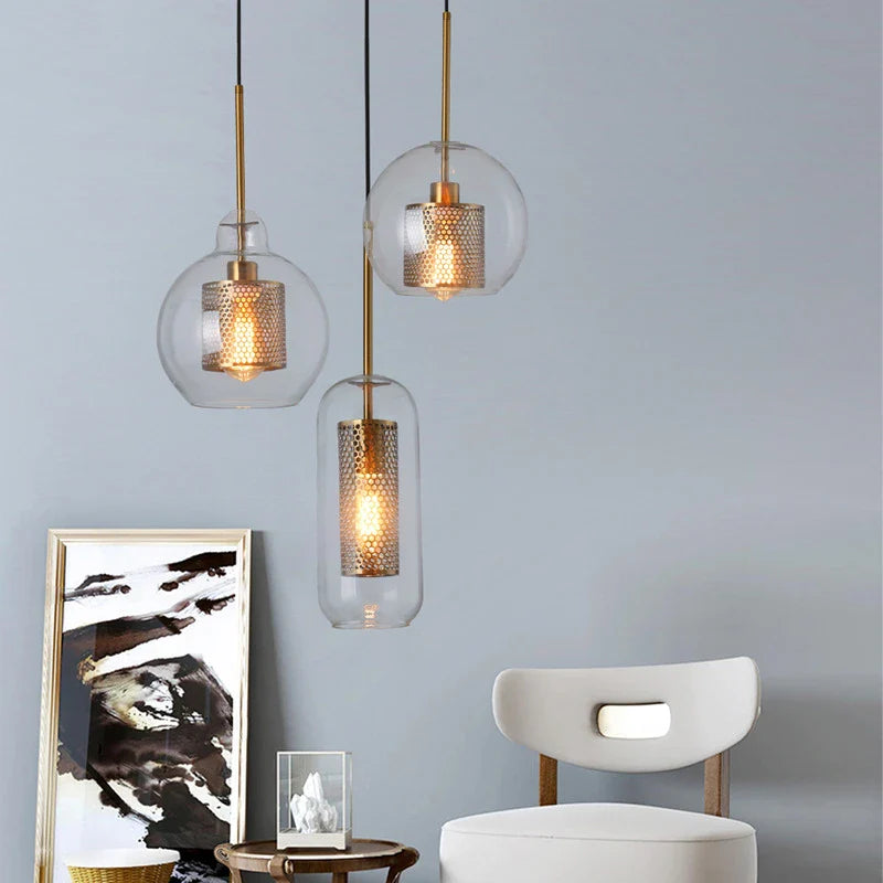 Afralia™ Gold Mesh Glass Ball Pendant Light Industrial Kitchen Fixture