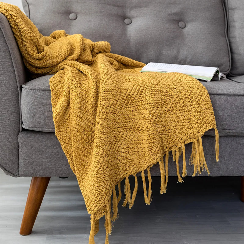 Afralia™ Nordic Knitted Blanket Blue Mustard Yellow Tassel Sofa Rug Home Decoration