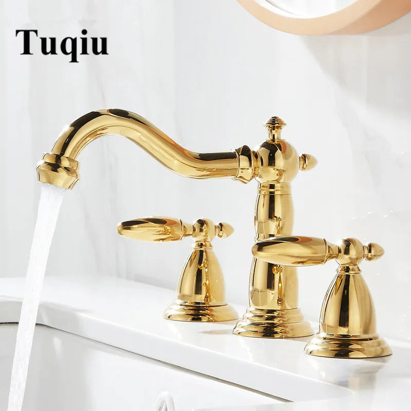 Afralia™ Gold Brass Widespread Bathroom Faucet - Antique Sink Faucets 3 Hole