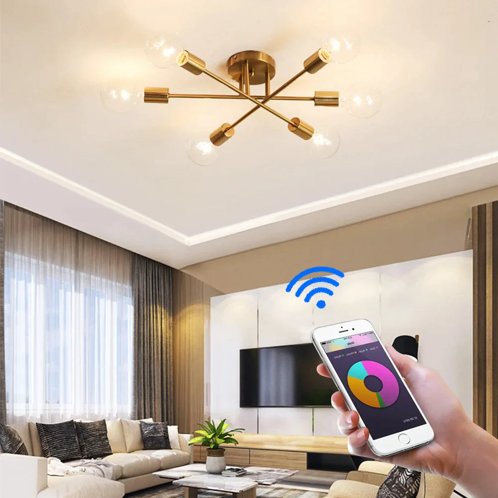 Afralia™ Satellite Lamp Ceiling Chandelier Modern Nordic LED Smart Remote Control Golden Lighting