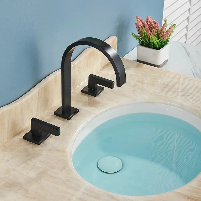 Afralia™ Square Brass Basin Faucets: Deck Mounted Double Handle Bathroom Sink Tap, Hot/Cold Water.