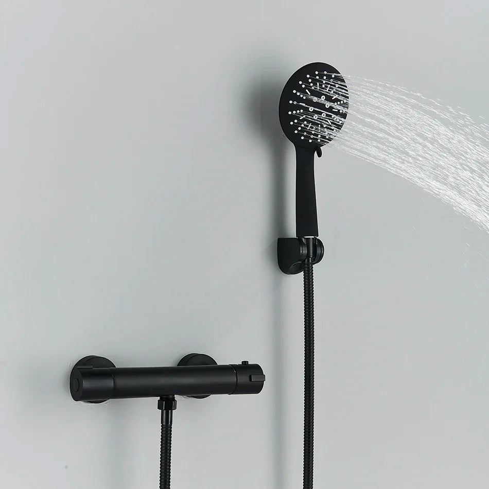 Afralia™ Black/Chrome Brass Thermostatic Shower Set with Wall Mount - Bathroom Accessories