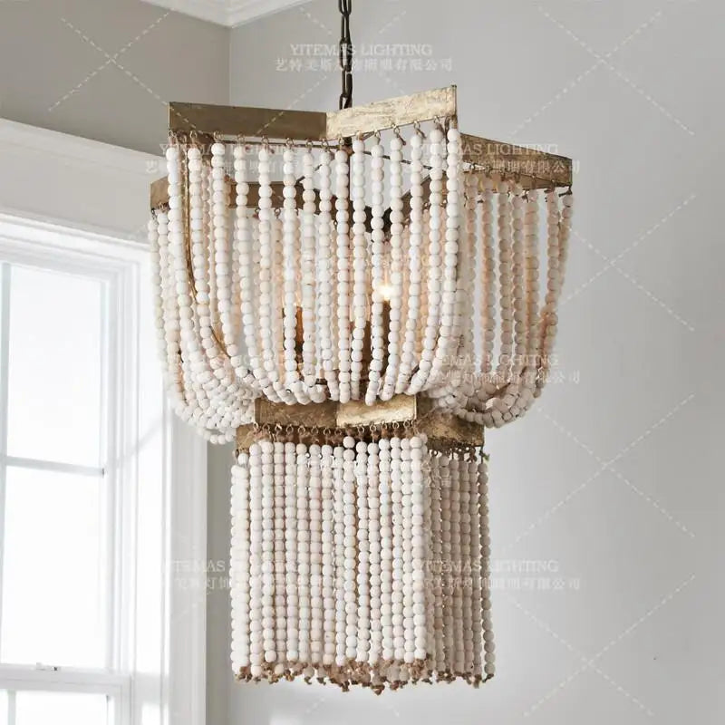Afralia™ Wood Beaded Chandelier Fringe Lighting Vintage Nordic Antique Large Kitchen Farmhouse