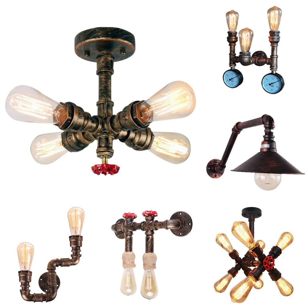 Afralia™ Water Pipe Wall Light Retro Iron Multi Lights E27 Vintage Industrial Loft