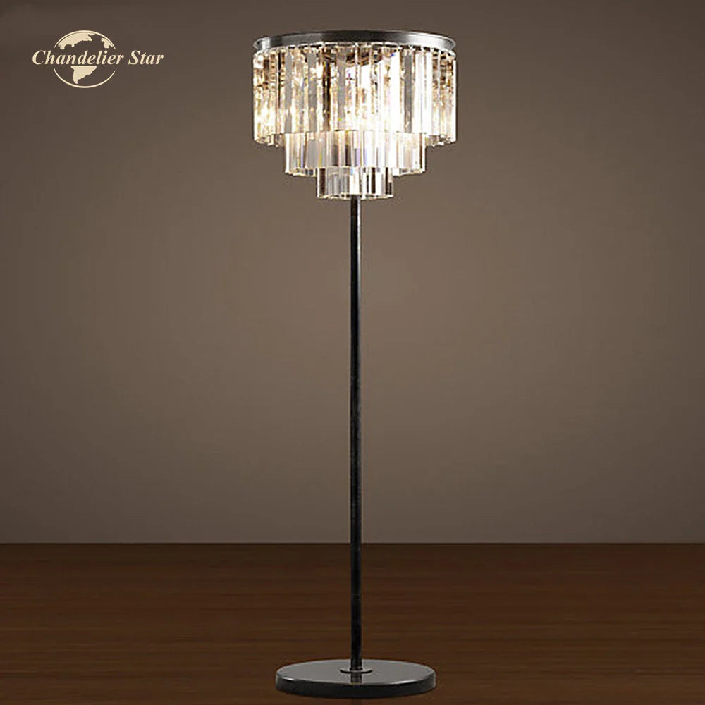 Afralia™ Industrial Crystal LED Floor Lamp Chrome Black Metal Standing Light