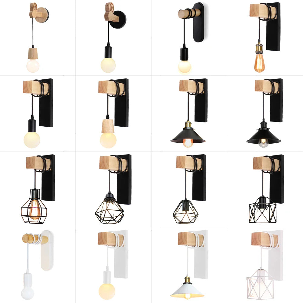 Industrial Iron Wood Wall Lamp E27 Modern Nordic Sconce by Afralia™ for Home Decor Bedroom