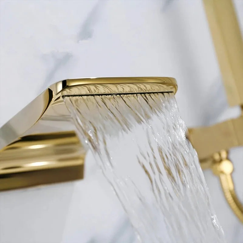 Afralia™ Gold Bathtub Shower Faucet Set with Handheld Waterfall & Mixer Tap