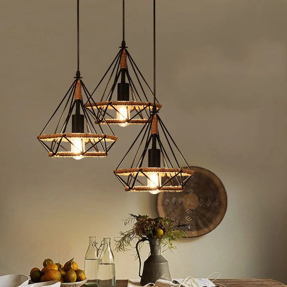 Afralia™ Vintage Metal Rope Pendant Ceiling Chandelier Lighting Fixture
