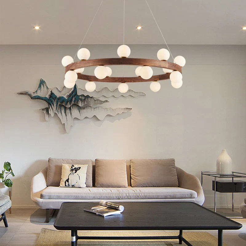 Afralia™ Round Glass Solid Wood Walnut Chandelier, Elegant Pendant Light for Living Dining Bedroom