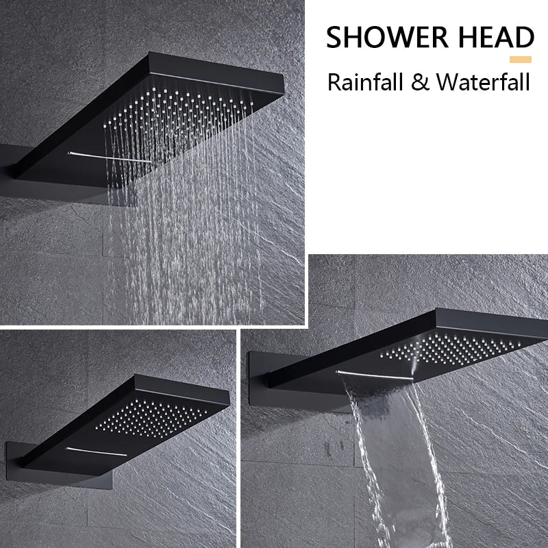Afralia™ Matte Black Thermostatic Shower Faucet Brass 3-Ways Waterfall Rain Mixer Tap