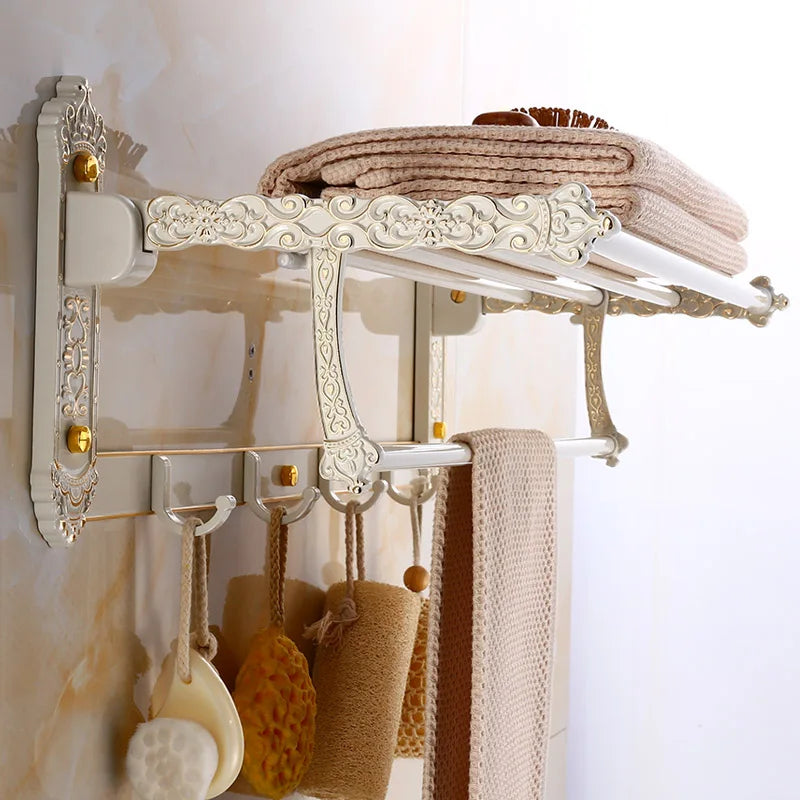 Afralia™ White Gold Bathroom Accessories Set: Shelf, Towel Rack, Paper Holder, Hooks, Toilet Brush Holder