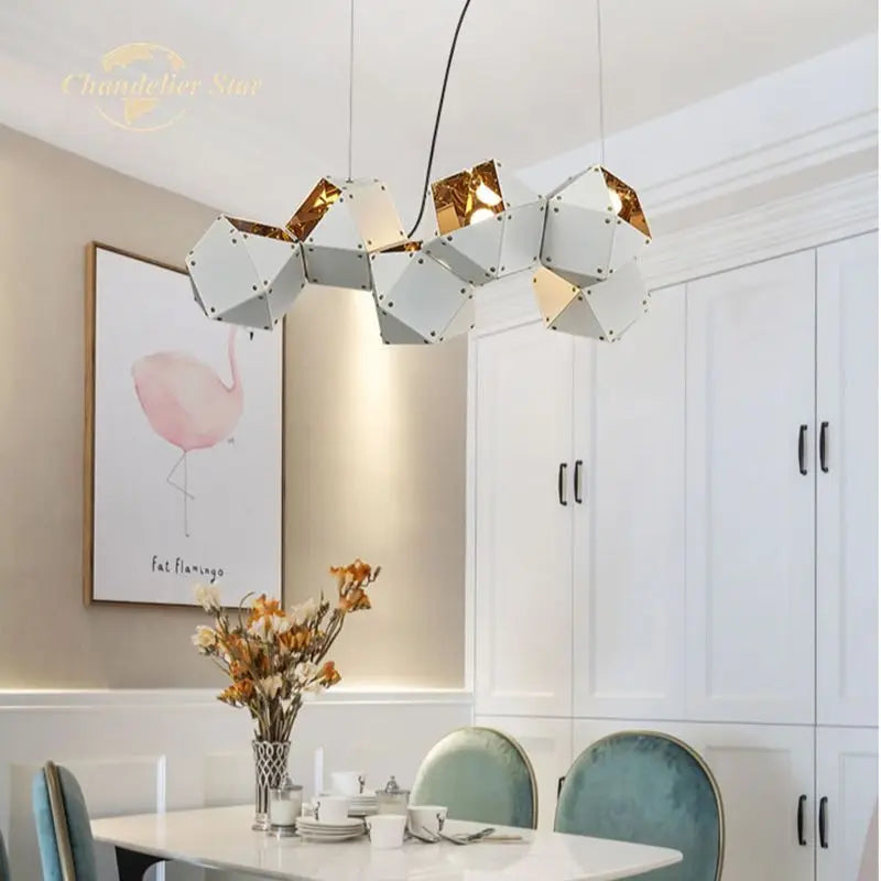 Afralia™ White Metal Geometric LED Chandelier for Bedroom and Living Room