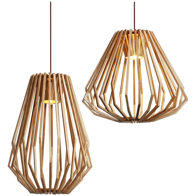 Afralia™ Nordic Wooden Cage Chandelier: Modern Solid Wood Art LED Lamp for Home Decor