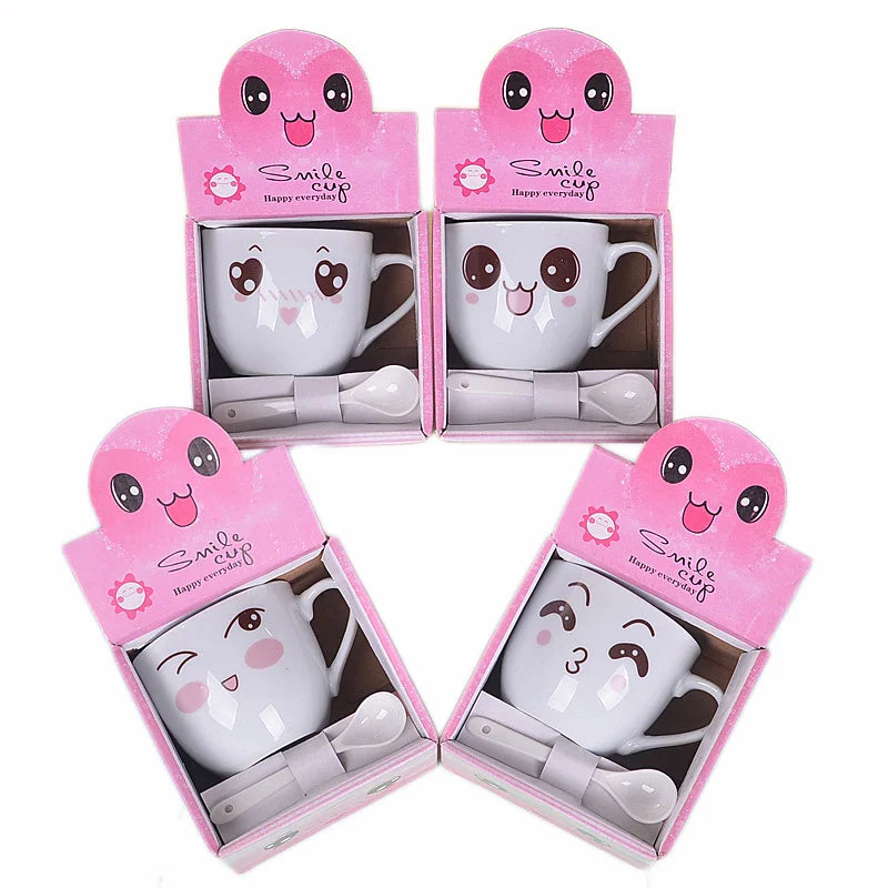 Afralia™ Cartoon Coffee Mug Set with Spoon, Porcelain Breakfast Cup, Couples Lover's Gifts