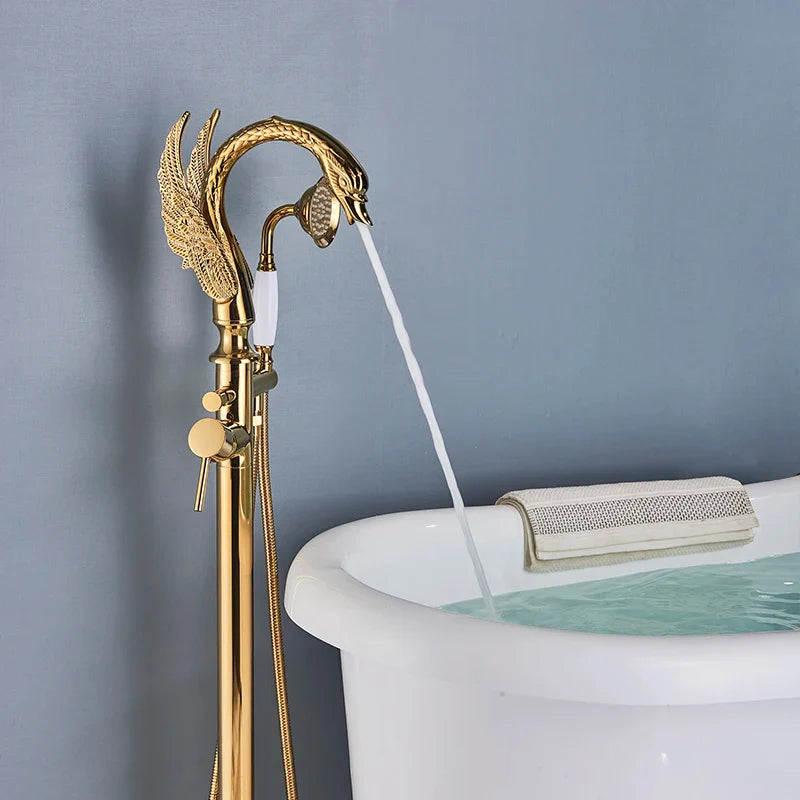 Afralia™ Gold Swan Freestanding Bathtub Faucet with Handshower