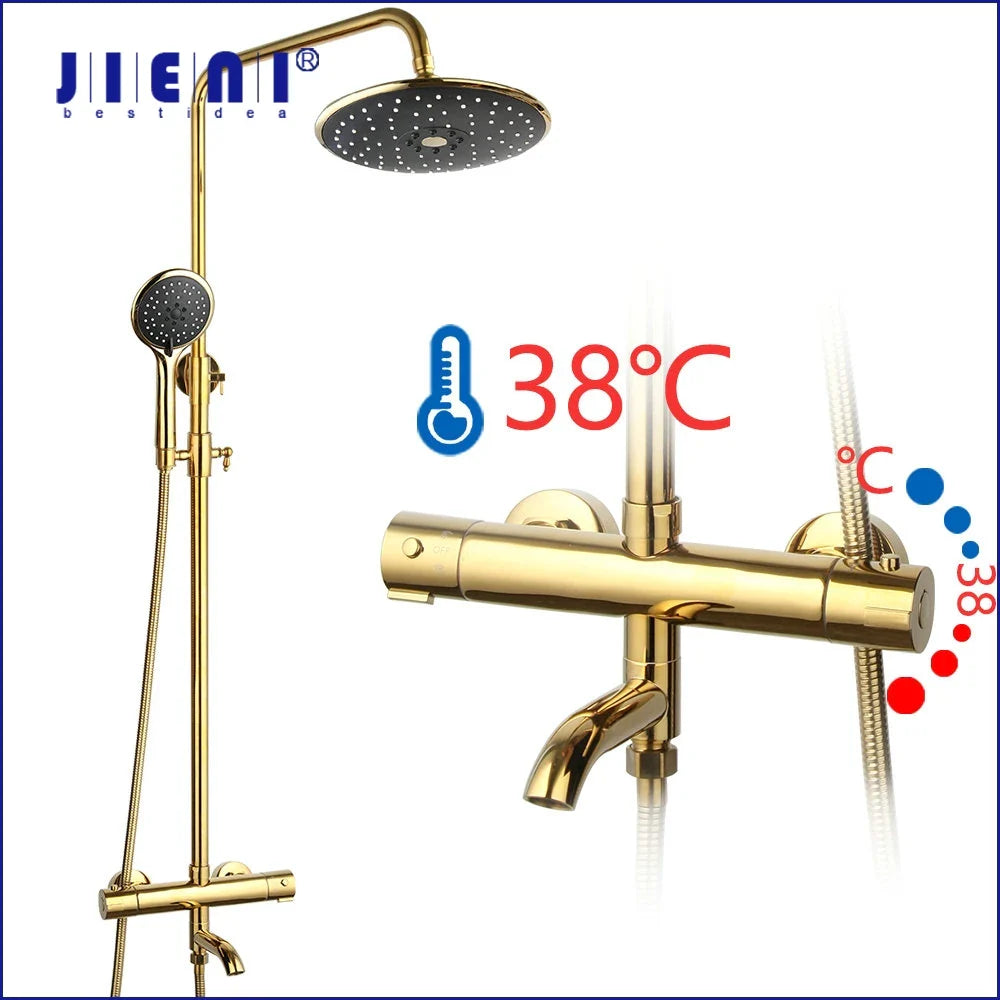 Afralia™ Gold Plated Thermostatic Shower Faucet Set with 8" Rainfall Head