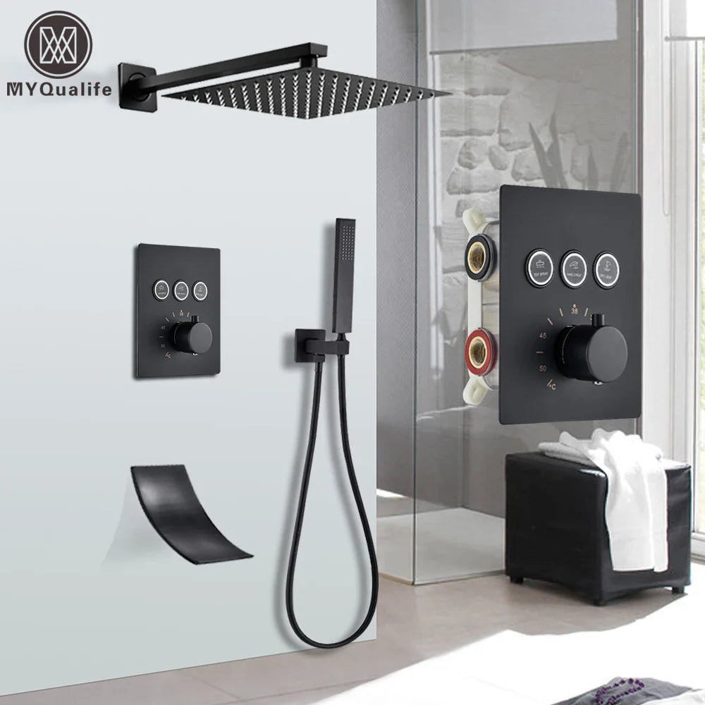 Afralia™ Thermostatic Shower Faucet Set Rain Waterfall System Mixer Tap Wall Mounted