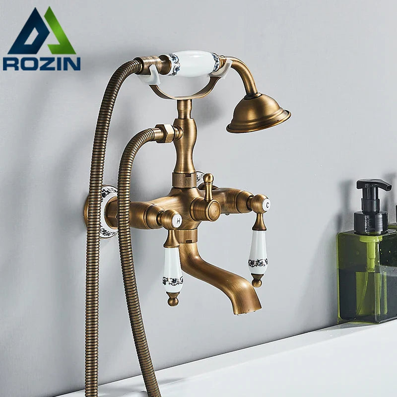 Afralia™ Brass Bathtub Shower Faucet Set with Dual Knobs and Handshower