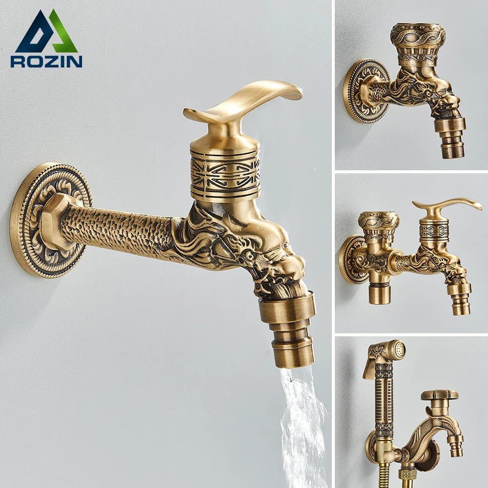 Afralia™ Dragon Carved Antique Brass Wall Mounted Faucet for Bathroom and Outdoor Use