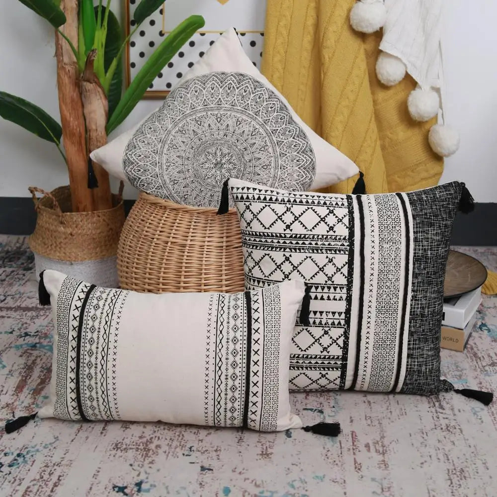 Afralia™ Retro Cotton Black Cushion Cover with Tassles, Boho Style Home Decor