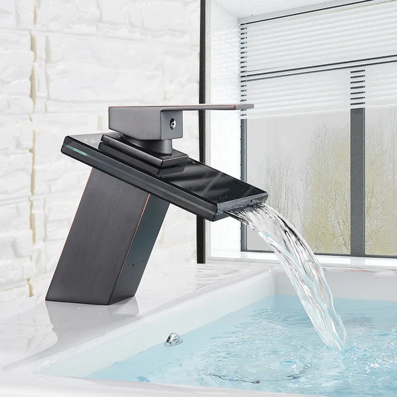 Afralia™ LED Waterfall Bathroom Sink Faucet Black Bronze Single Handle Deck Mount