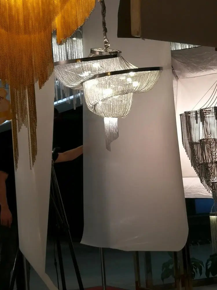 Afralia™ Art Deco LED Retro Vintage Aluminum Chain Chandelier Lighting Suspension