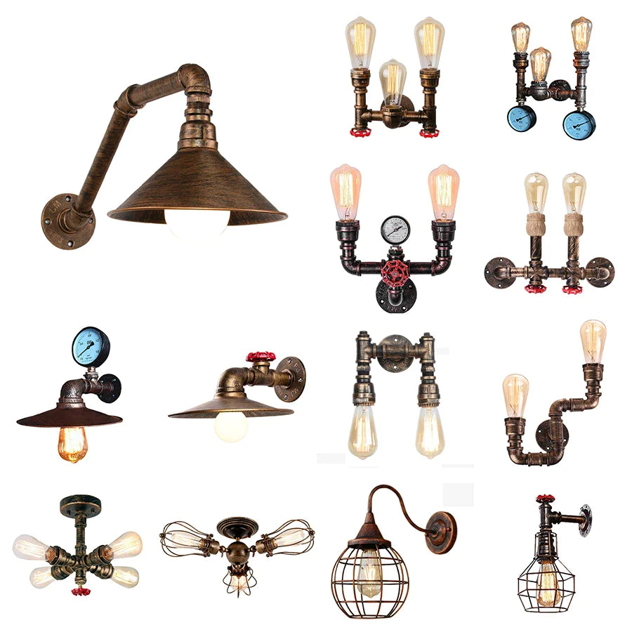Afralia™ Iron Rust Water Pipe Wall Lights Retro Vintage E27 Sconce for Home Decor