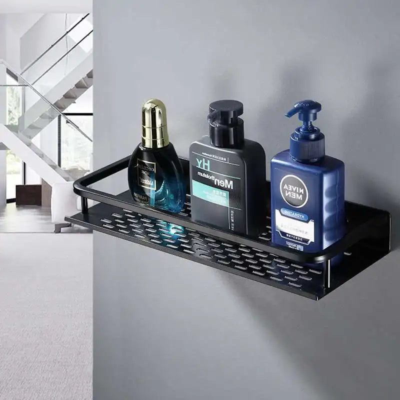 Afralia™ Wall-Mounted Black Aluminum Shampoo Shelf - Square Storage Rack