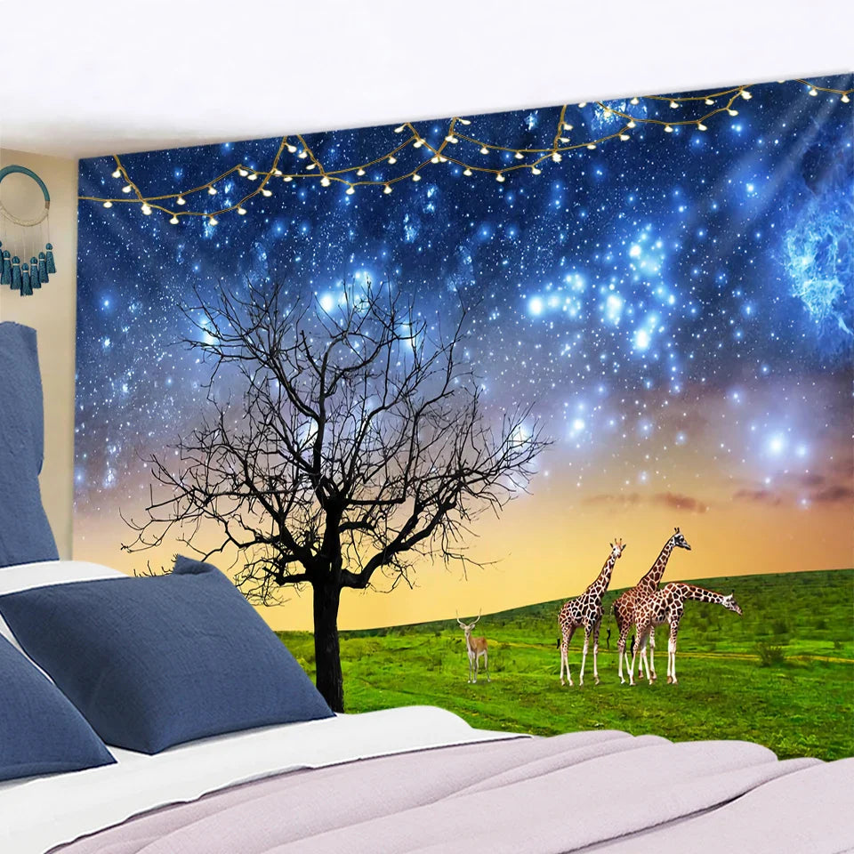 Afralia™ Starry Sky Deer Tapestry Wall Hanging Night View Home Decor