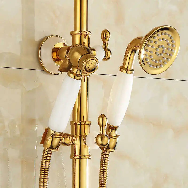 Afralia™ Gold Brass Jade Bath Shower Set Wall Mounted Rainfall Hand Shower Faucet