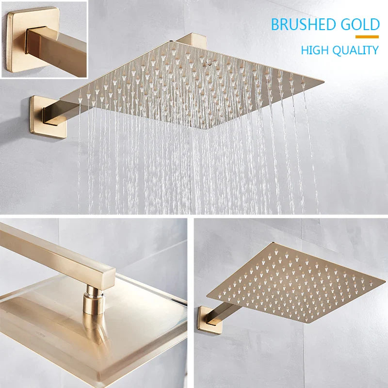 Afralia™ Brushed Gold Rainfall Shower Set with Single Handle Wall Mounted Mixer