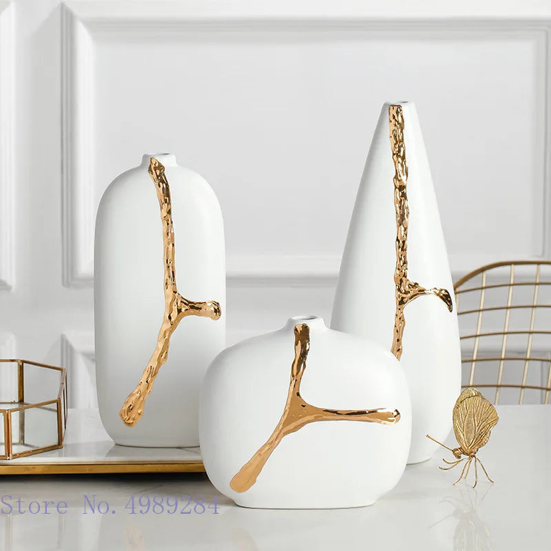 Afralia™ White Ceramic Vase with Golden Branches Flower Arrangement for Modern Home Decor