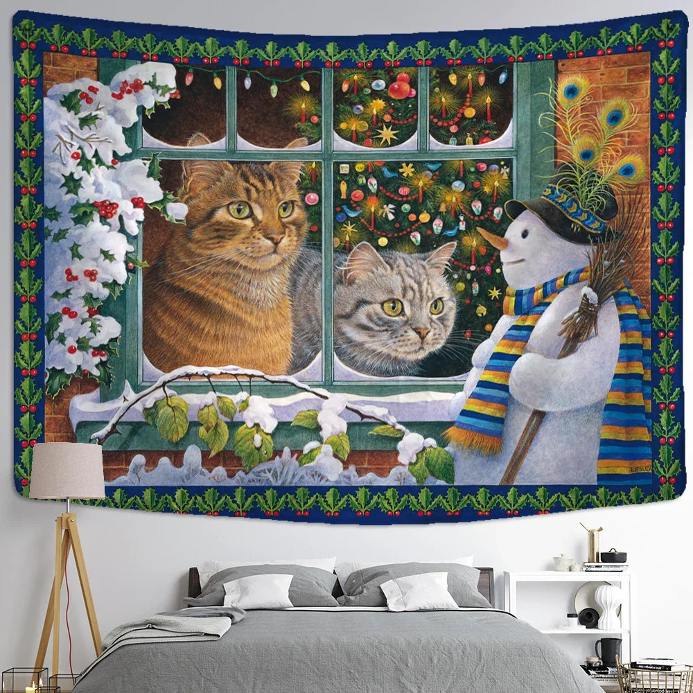 Afralia™ Christmas Kitten Snowman Tapestry Wall Hanging - Anime Cute Illustration Home Decor
