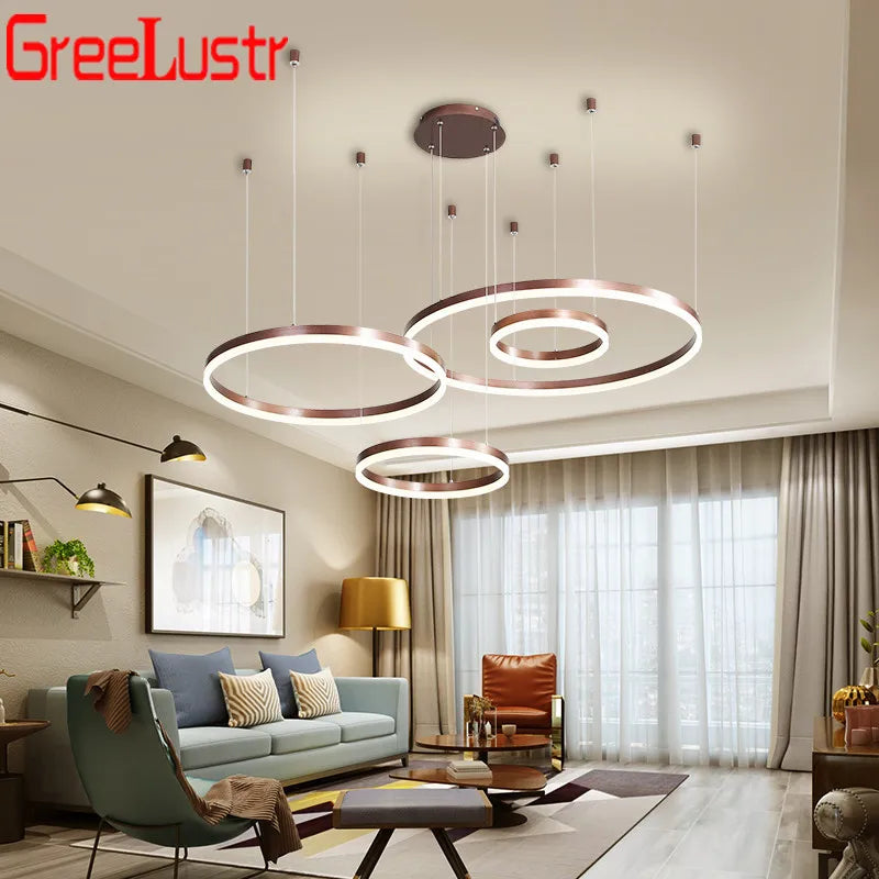 Afralia™ LED Chandelier Rings Pendant Light - Coffee Gold Dimmable Ceiling Lamp