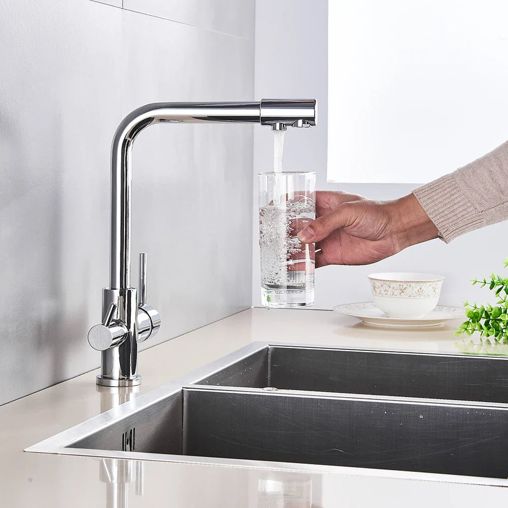 Afralia™ Chrome Brass Kitchen Faucet with Purified Water Filter - Deck Mounted Dual Handles