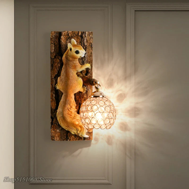 Afralia™ Nordic Squirrel Crystal LED Wall Lamp | Vintage Loft Decor Bedroom Sconce