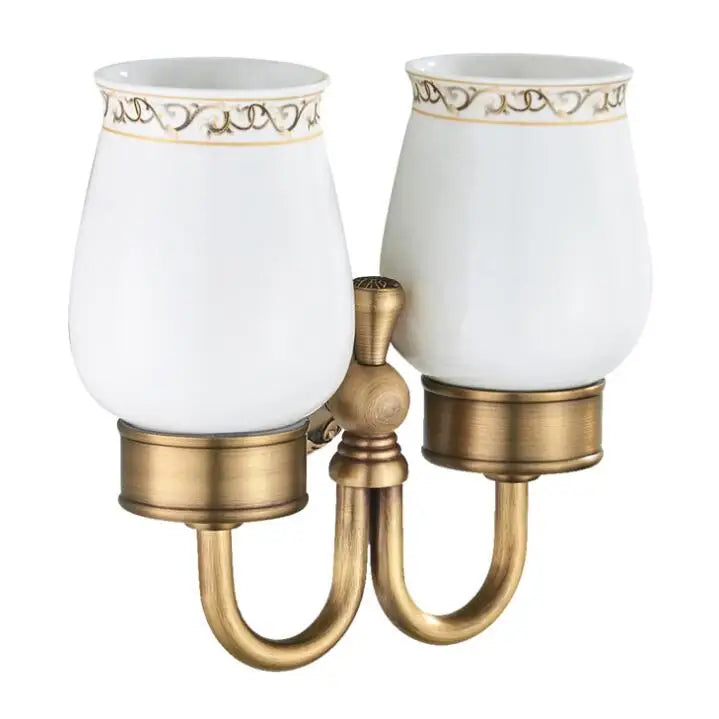 Afralia™ Brass Double Cup Holder with Glass Tumbler - Bathroom Toothbrush Cup Holder