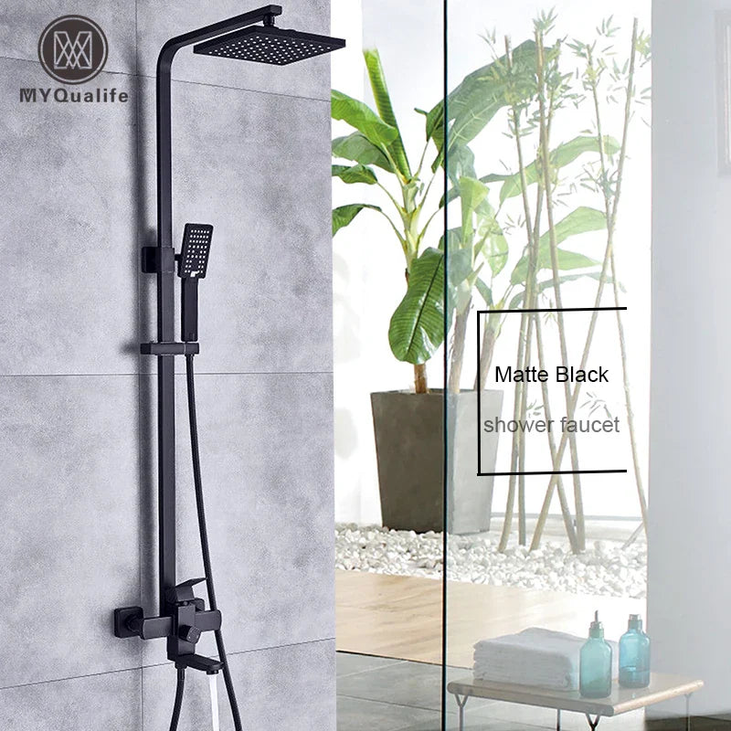 Afralia™ Matte Black Rainfall Shower Faucet Set Single Lever Bathtub Mixer