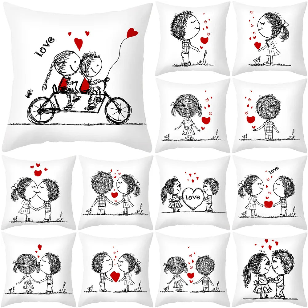 Afralia™ Love Heart Sketch Couple Pillow Cover 45X45CM Peah Skin Print