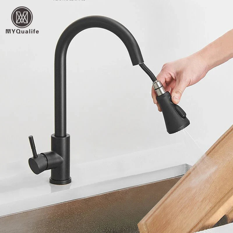 Afralia™ Black Pull Out Kitchen Sink Faucet - Deck Mounted Stream Sprayer Kitchen Mixer Tap