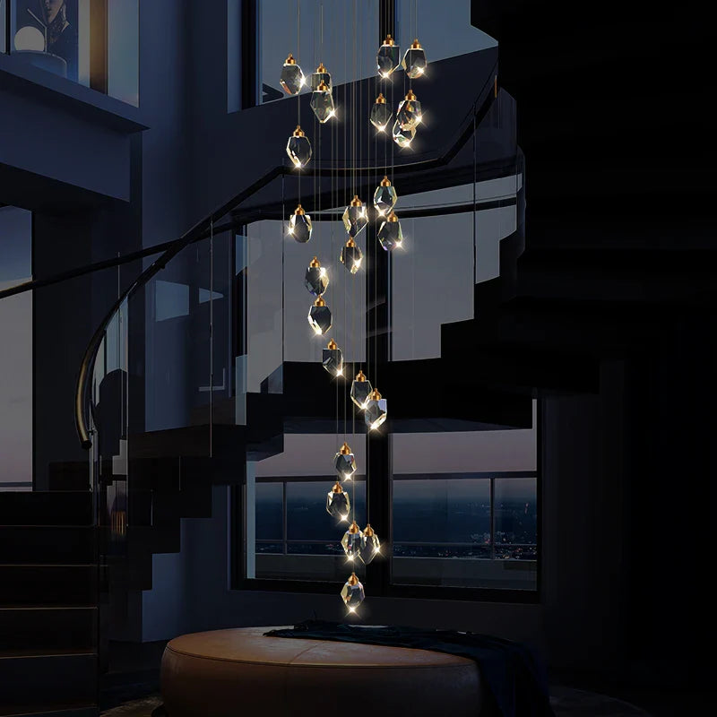 Afralia™ Crystal Diamond Chandelier for Duplex Building Stairwell Loft Pendant Lighting