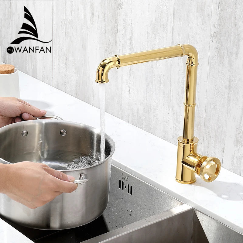 Afralia™ Gold Brass Retro Industrial Style Bathroom Faucet Hot Cold Mixer Tap