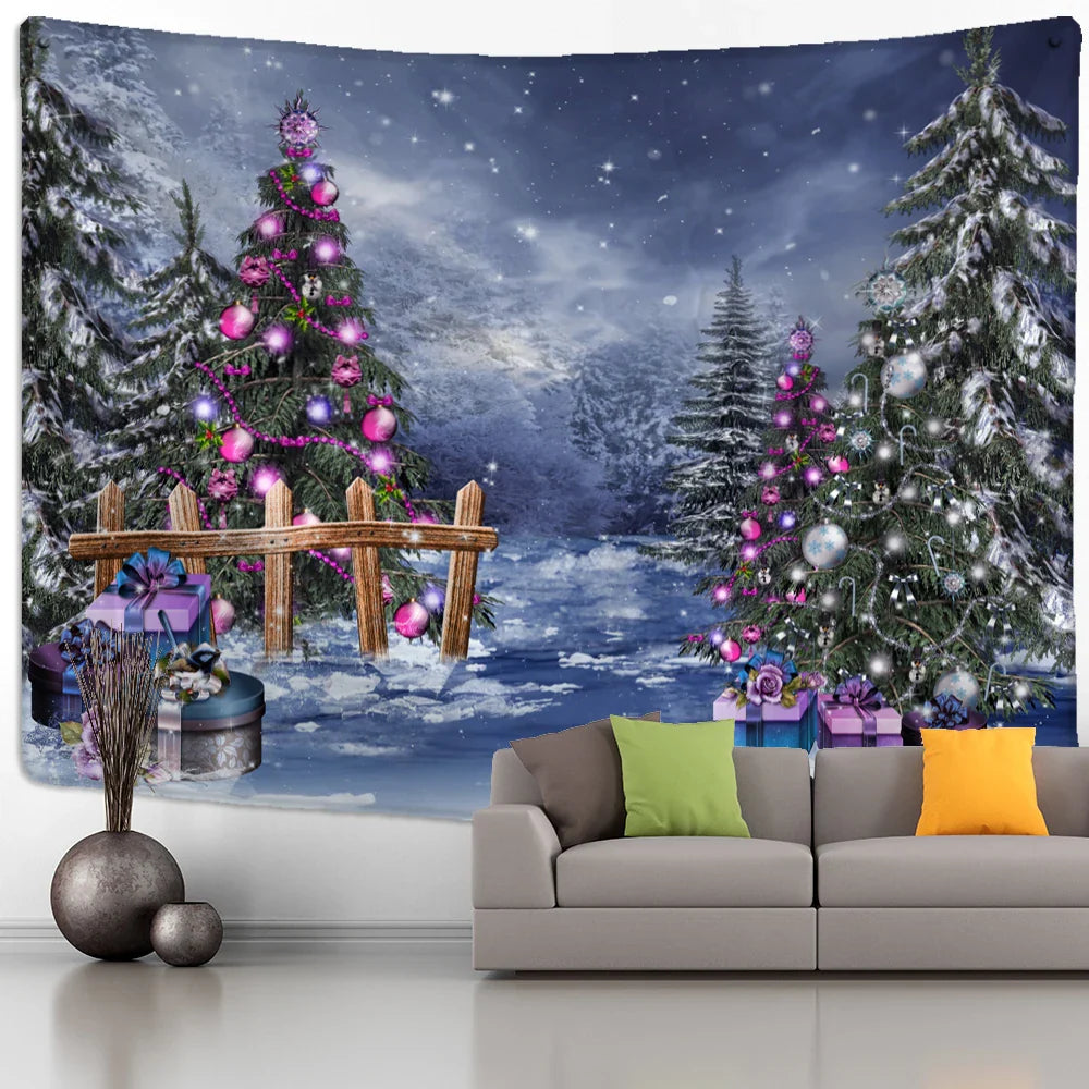 Afralia™ Christmas Tree Snowman Tapestry - Natural Snow Scene Oil Painting Hippie Decor