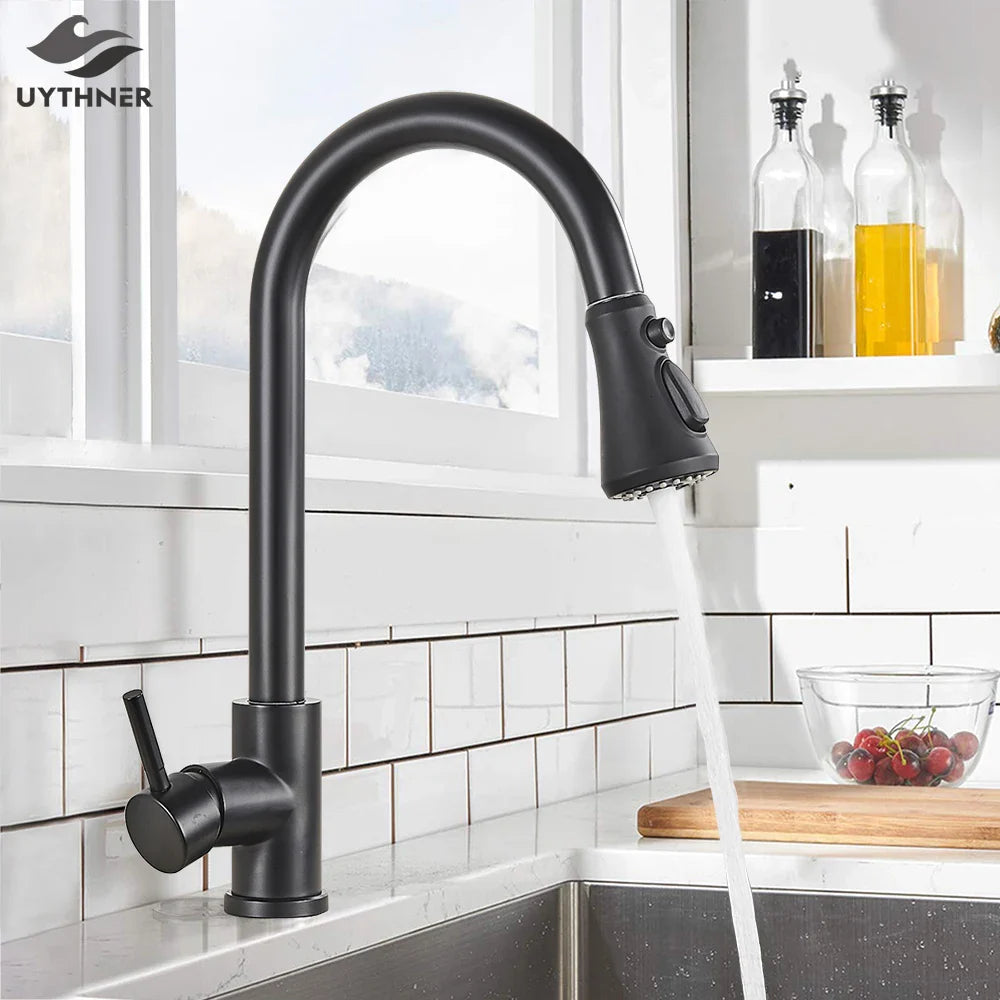 Afralia™ Matte Black Kitchen Faucet Pull Out Sink Mixer Tap 360 Rotation Deck Mounted